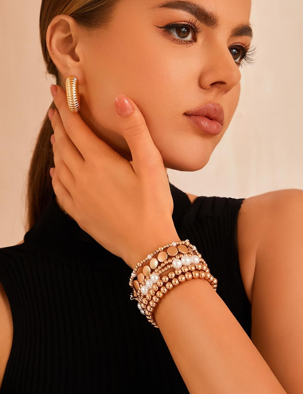 KISS WIFE Gold Bracelets for Women Gold Bracelet Stack Pearl Beaded Bracelets for Women Strand Bead Ball Stretchable Elastic Bracelet Set Adjustable Fashion Accessories Jewelry for Gifts