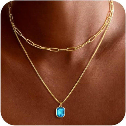 Christmas Gifts for Women Teen Girls - Birthstone Necklace for Women Girls Dainty Layered Gold Necklace for Women with 12 Month Rectangle Birthstone Pendant Paperclip Box Chain Choker Necklace