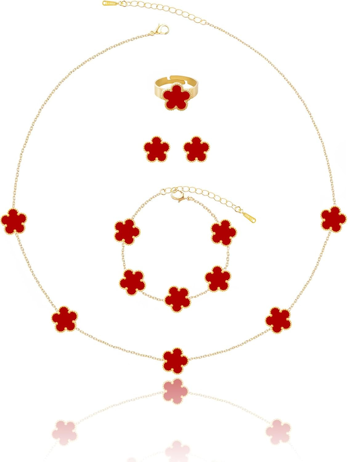 Gold Plated Five Leaf Clover Necklace Bracelet Rings and Stud Earrings Set for Women Lucky Flower Jewelry