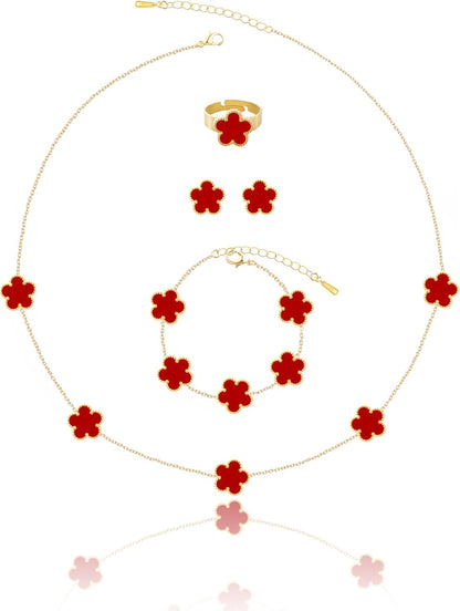 Gold Plated Five Leaf Clover Necklace Bracelet Rings and Stud Earrings Set for Women Lucky Flower Jewelry