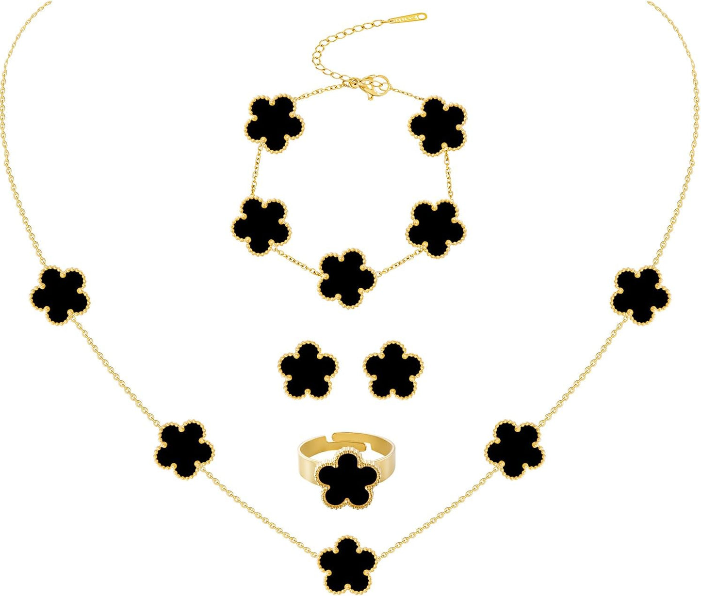 Gold Plated Stainless Steel Four Leaf Clover Bracelet Necklace Earrings and Ring Jewelry Set for Women