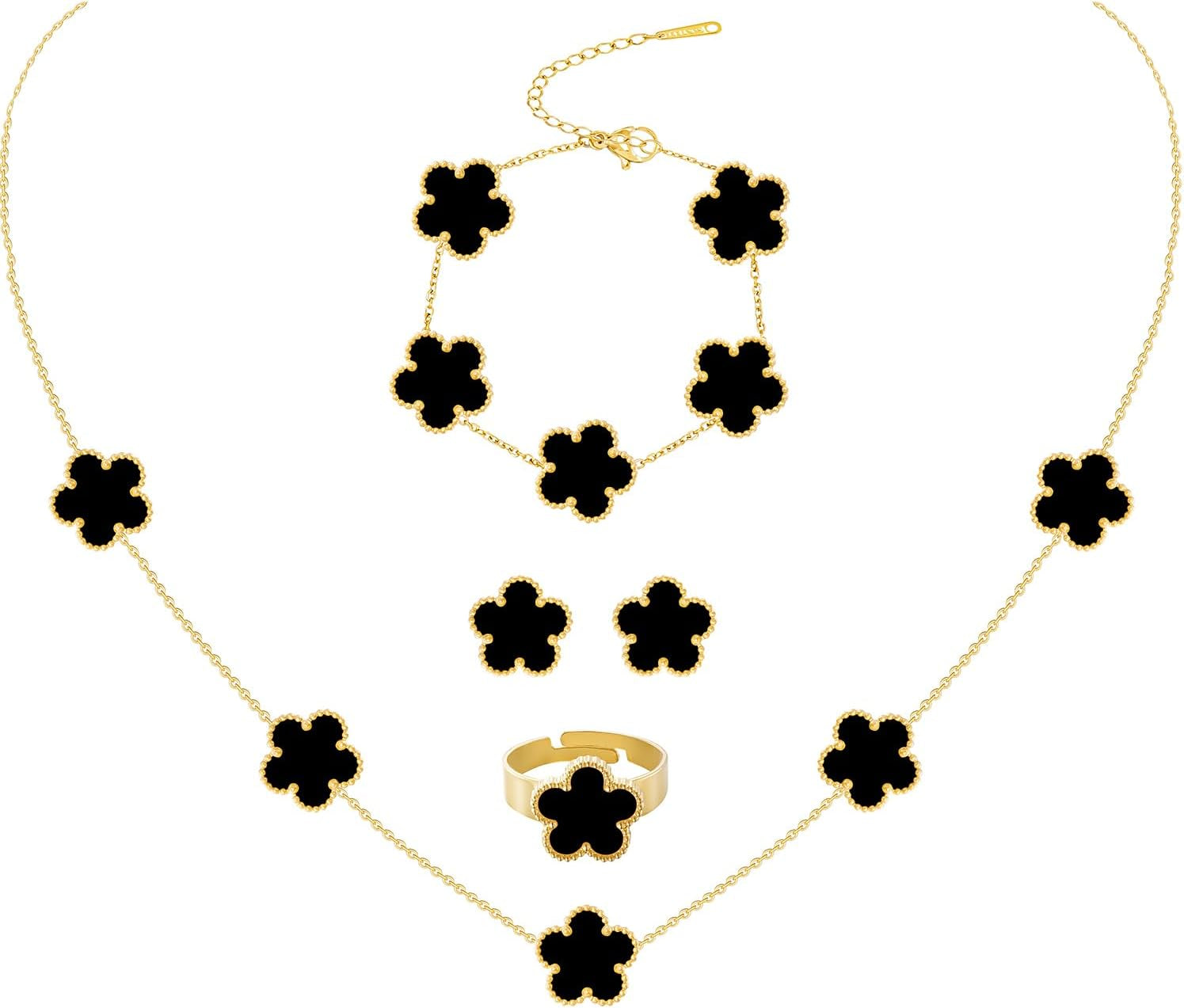 Gold Plated Stainless Steel Four Leaf Clover Bracelet Necklace Earrings and Ring Jewelry Set for Women