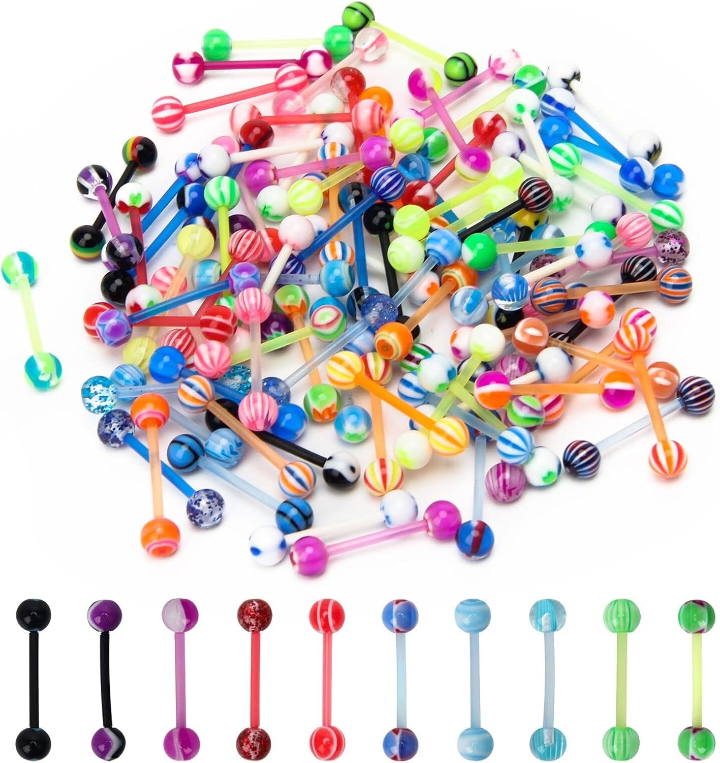 Crazypiercing 100-piece multicolor acrylic tongue rings collection