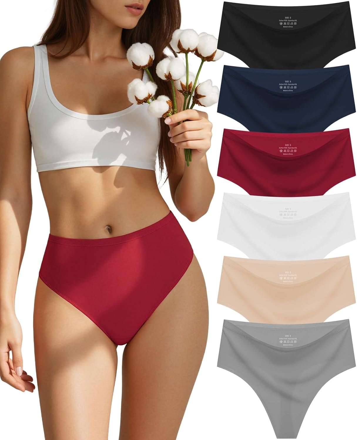 Six-pack seamless cotton thongs in neutral colors displayed as complete collection