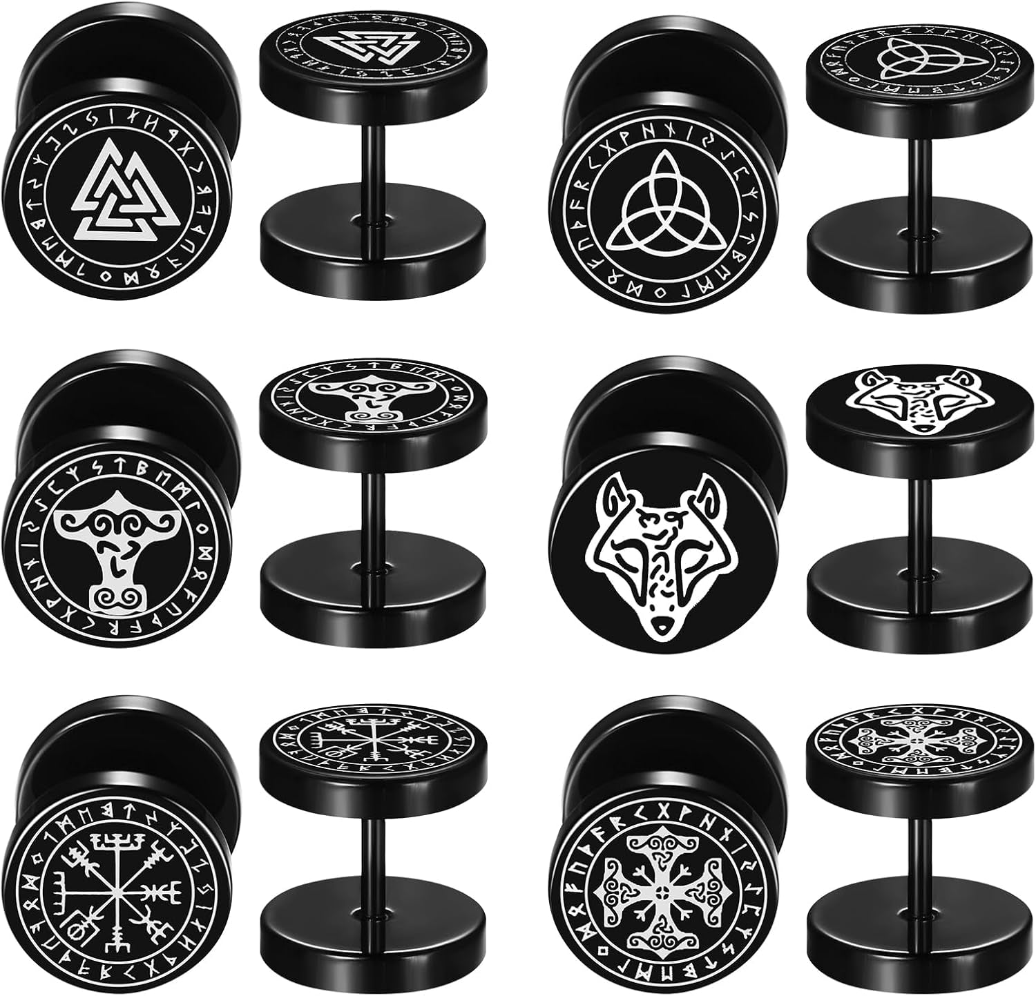 Aroncent 6 Pairs 4-14Mm Black Earrings for Men Women Fake Gauges Fake Earrings Stainless Steel Earrings Set