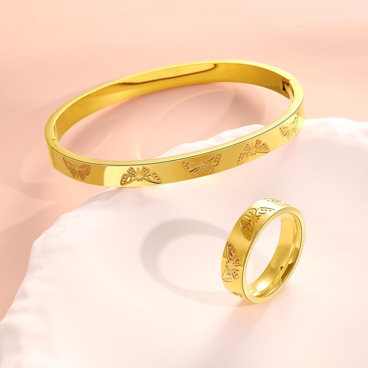 Gold Silver Butterfly Clover Bracelet Ring Set, Stainless Steel Cuff Bangle Jewelry Dainty Love Design for Women Wedding Birthday Gift