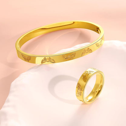 Gold Silver Butterfly Clover Bracelet Ring Set, Stainless Steel Cuff Bangle Jewelry Dainty Love Design for Women Wedding Birthday Gift