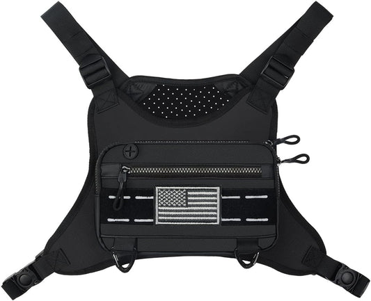 Women's sports chest bag in black with built-in phone holder compartment