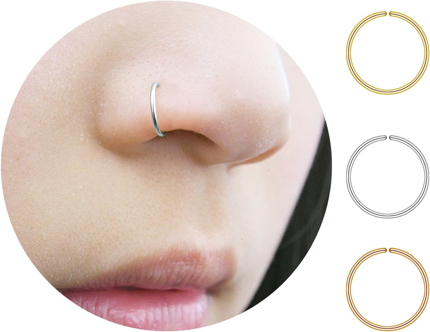 LUCKYJEWUS Small Thin Gold or Sterling Silver Nose Ring Hoop for Women, Tiny Nose Piercing Jewelry