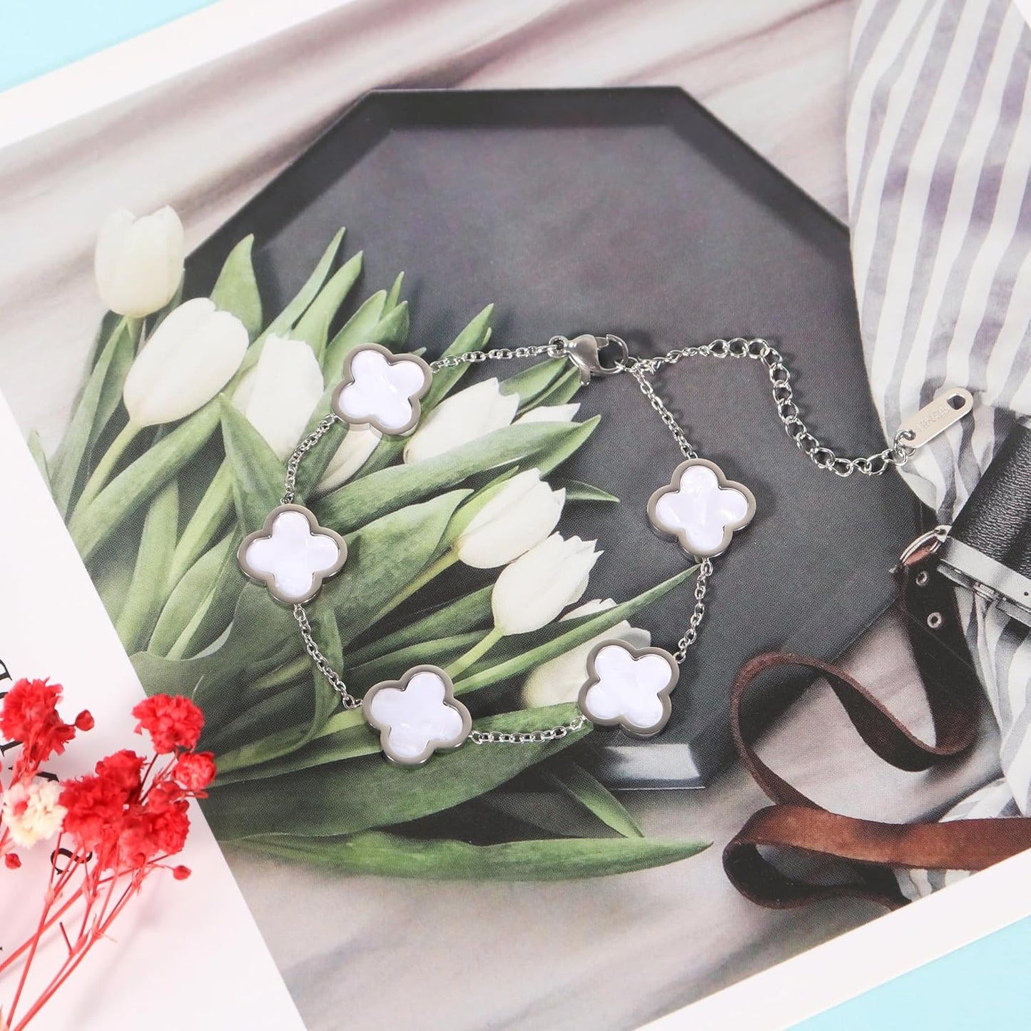 3PC Clover Bracelets Set 18K Gold Plated Lucky Clover Bracelet Women Adjustable Link Bracelets Cute Gold Jewelry