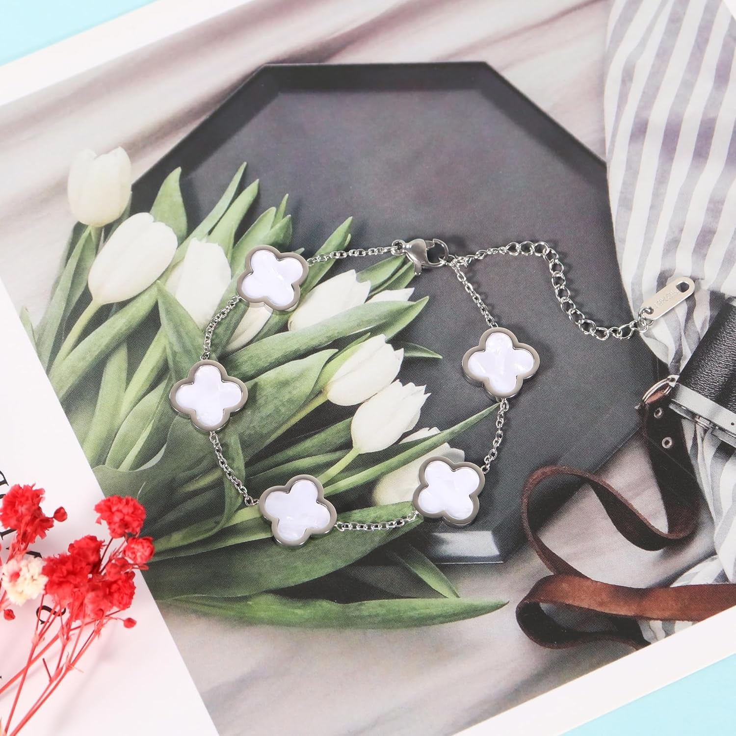 3PC Clover Bracelets Set 18K Gold Plated Lucky Clover Bracelet Women Adjustable Link Bracelets Cute Gold Jewelry