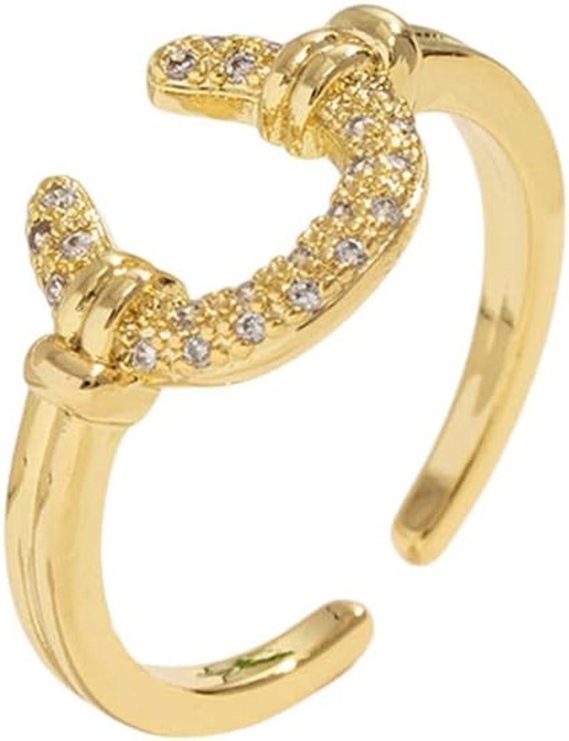 Dtja Dainty CZ Horseshoe Adjustable Ring for Women 14K Gold Plated Stainless Steel Crystal Love U Statement Open Band Finger Rings Comfort Fit Fashion Cute Birthday Anniversary Jewelry Gift