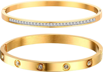 MPRAINBOW Gold Bracelets for Women, 2Pcs 18K Gold Plated Cubic Zirconia Bangle Crystal Friendship Bracelet Jewelry,Wedding Party Christmas Birthday Gifts for Her Girlfriend Sister Daughter