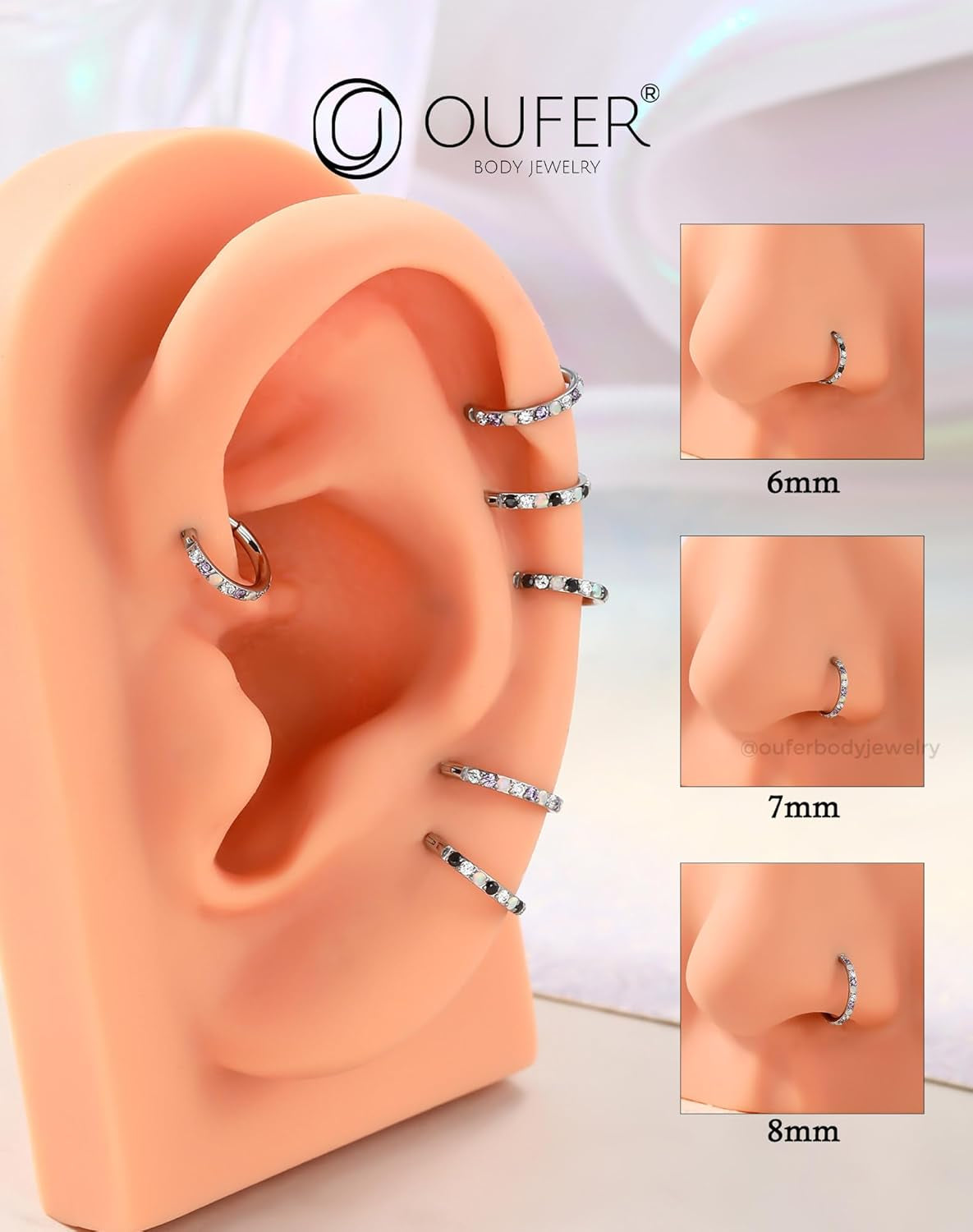 OUFER Opal and CZ 20G Nose Rings Hoops, 316L Surgical Steel Hinged Segment Nose Piercing Jewelry, Septum Lip Eyebrow Rings Cartilage Conch Rook Helix Tragus Daith Earrings for Women and Men-6/7/8Mm