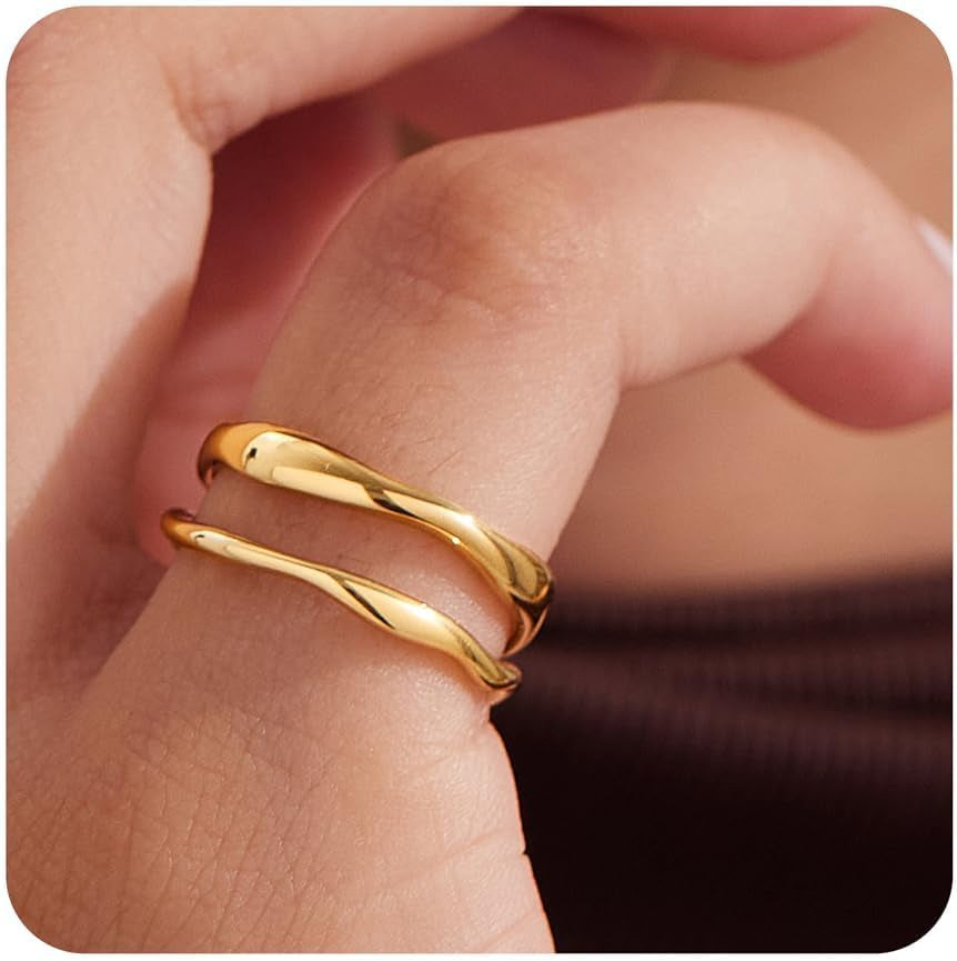 Stackable Gold Rings for Women Non Tarnish, Dainty 14K Gold Plated Chunky Stacking Rings Trendy Statement Pinky Thumb Rings Engagement Eternity Wedding Band Ring Stacking Gold Jewelry Size 4 5 6 7 8 9 10 11