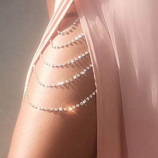 REETAN Leg Jewelry Thigh Rhinstone Body Chain for Women