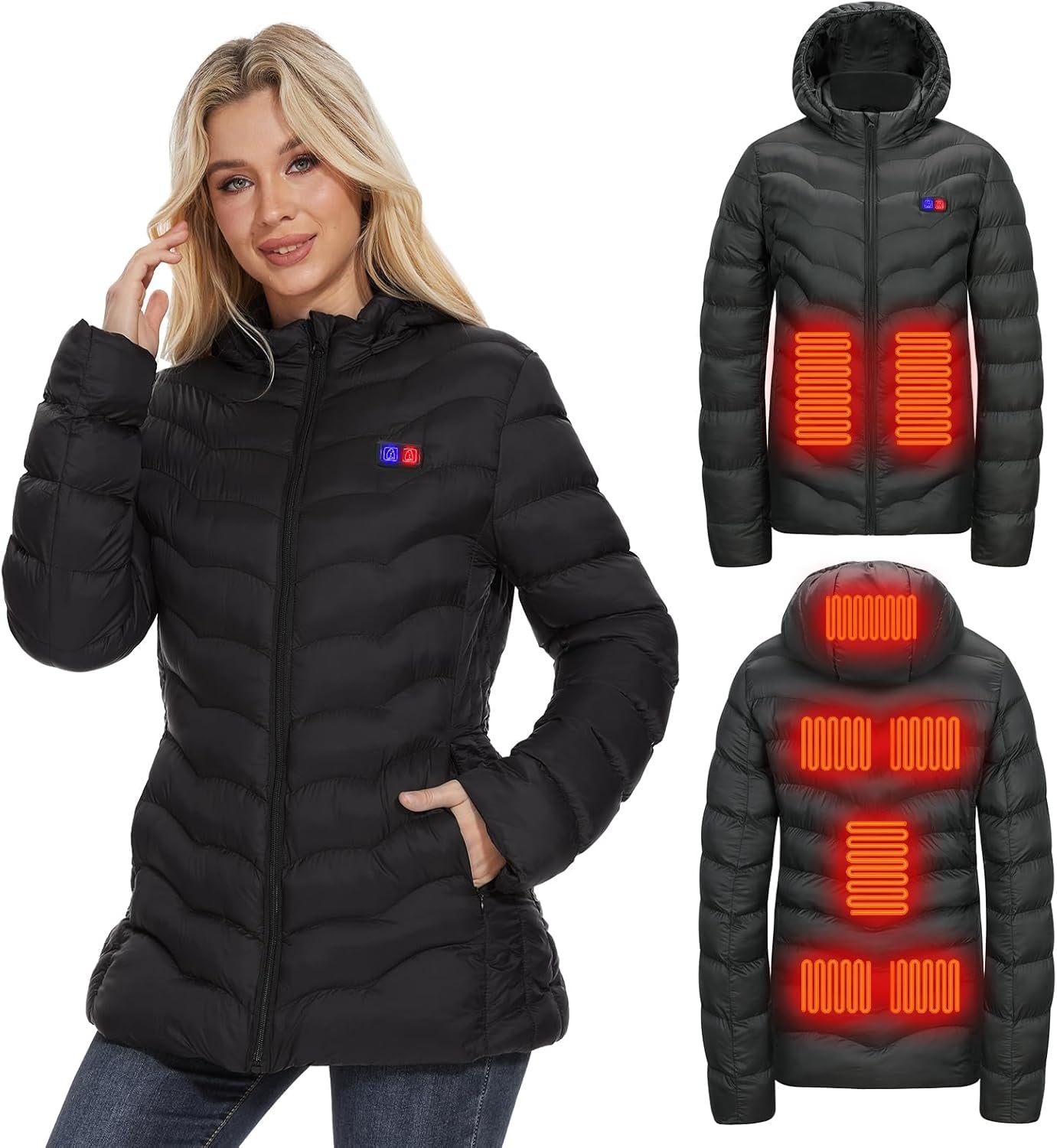 Women's black heated jacket with 10000mAh battery pack front view