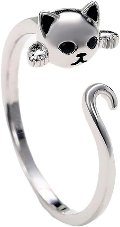 White Gold Plated Cat Statement Ring Personalized Accessory Ideal for Women'S Daily Casual Wear Party Holiday Anniversary Love Jewelry Gift