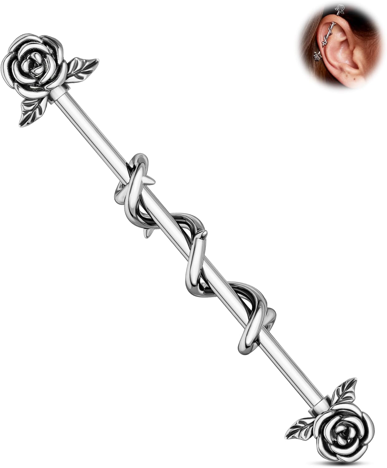 Jewseen Rose Industrial Ring Flower Industrial Barbell Surgical Steel Industrial Piercing Jewelry 14G 16G Cartilage Earring Long Straight Bar for Women Men