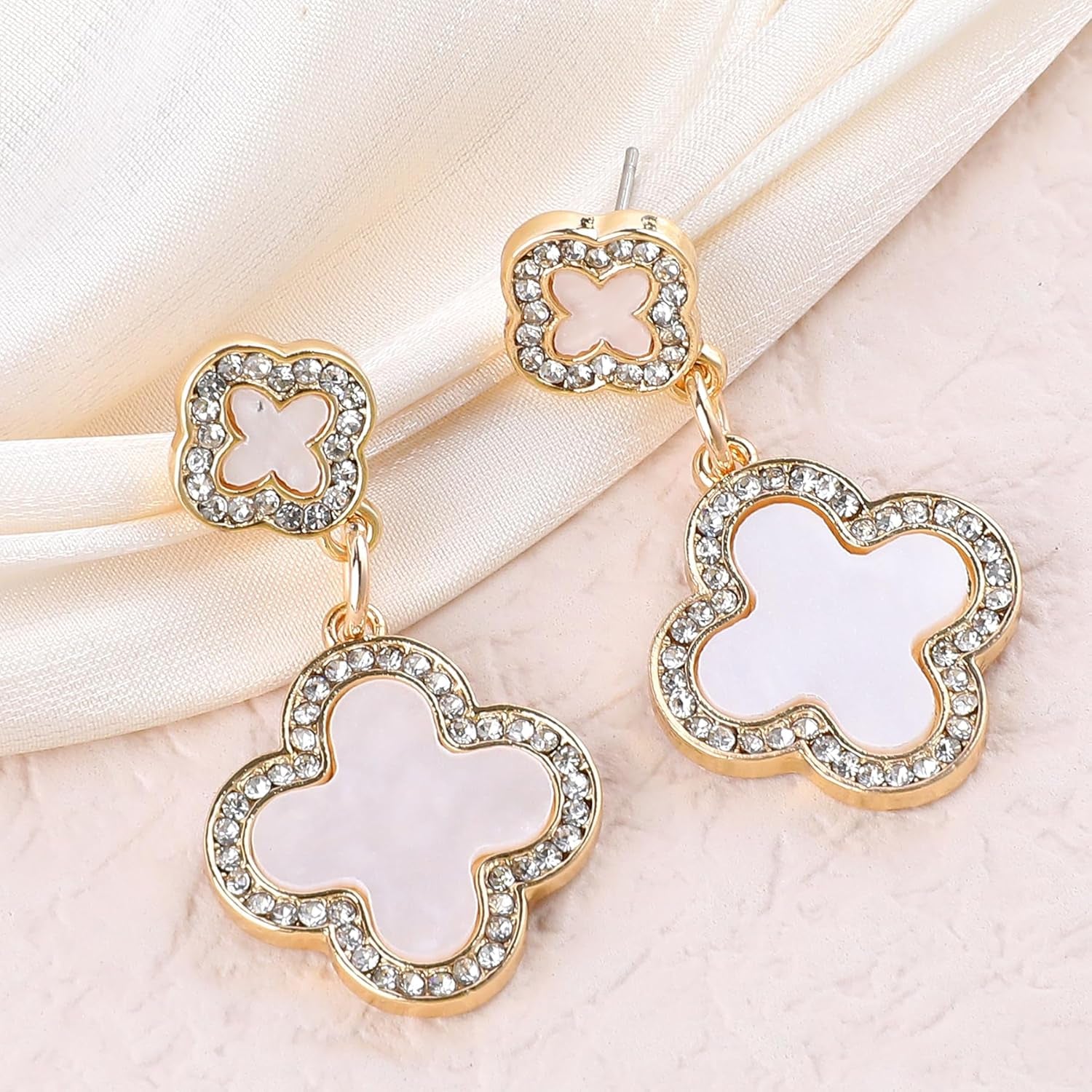 Gold Clover Earrings for Women, Elegant Dangle Lucky Four Leaf Clover Earrings with Shining Cubic Zirconia Mother of Pearl Flower Statement Earrings Trendy Jewelry Gift