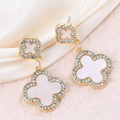 Gold Clover Earrings for Women, Elegant Dangle Lucky Four Leaf Clover Earrings with Shining Cubic Zirconia Mother of Pearl Flower Statement Earrings Trendy Jewelry Gift