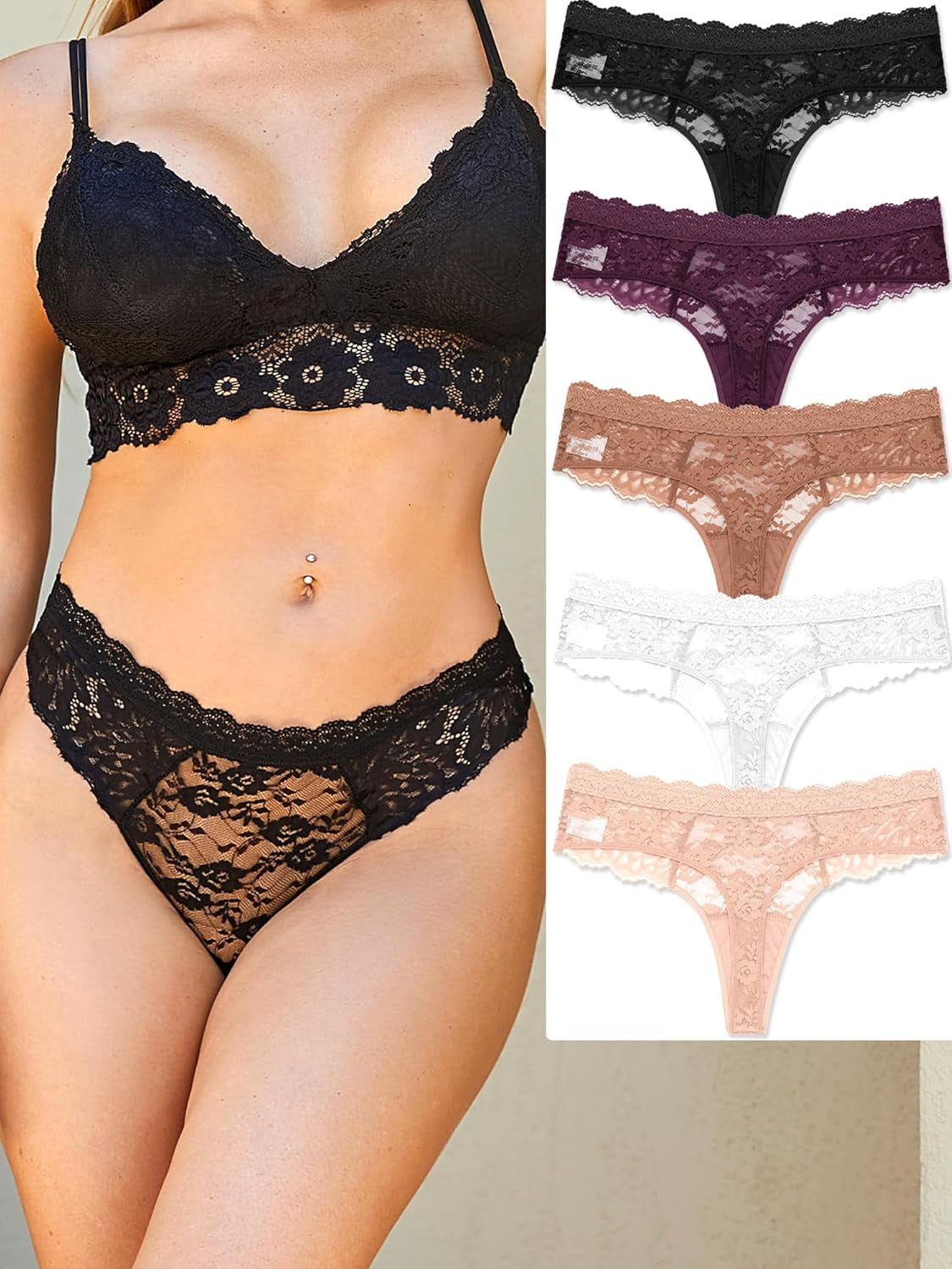 Detailed view of delicate lace stretch fabric on womens thong underwear