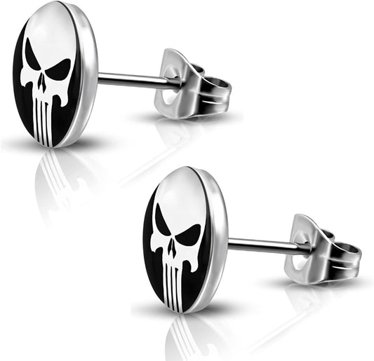 Stainless Steel Punisher Skull round Circle Button Stud Post Earrings