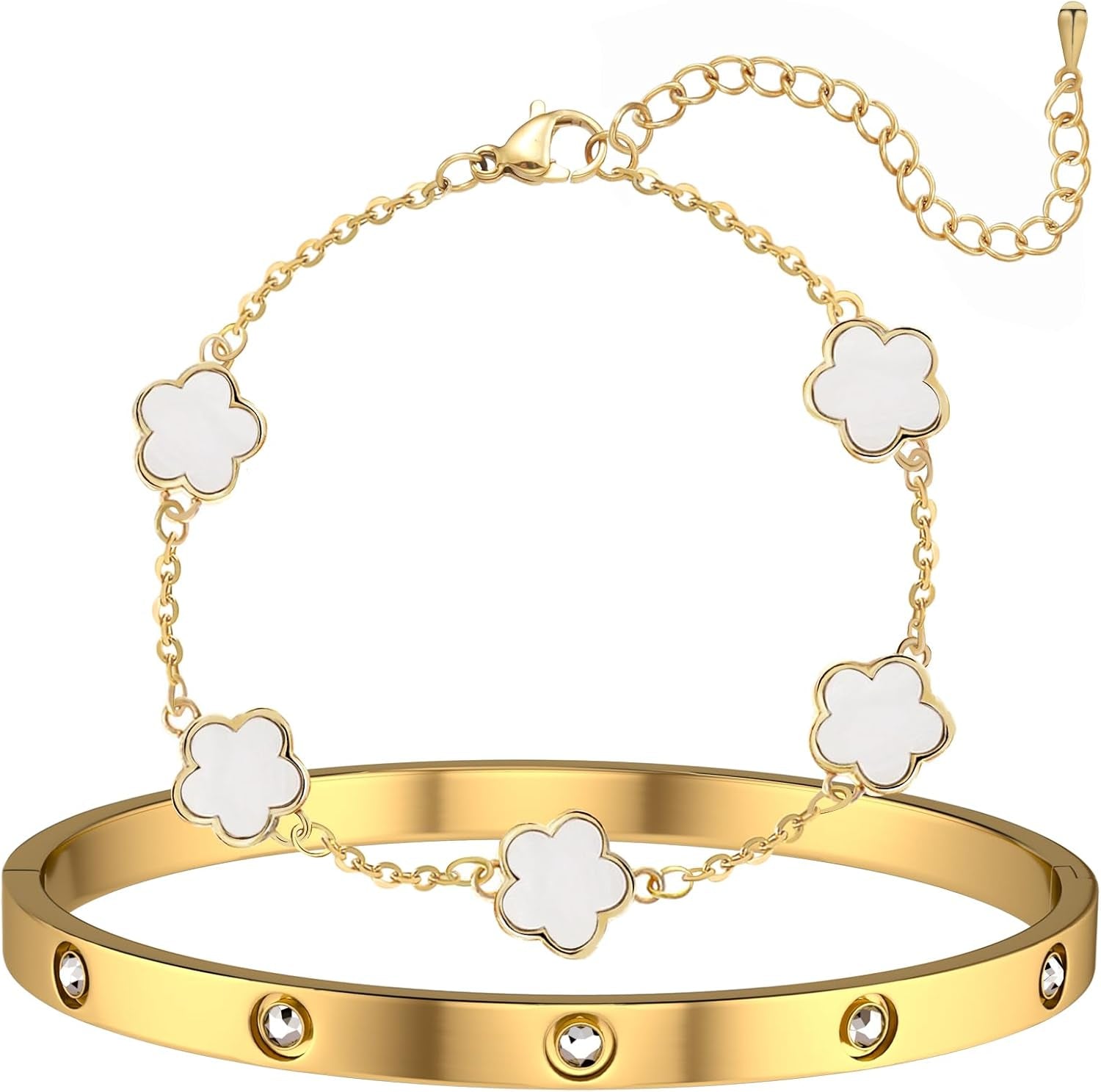 18K Gold Plated Lucky Clover Bracelet and Friendship Love Bangle Bracelets Set for Women Girlfriend Gold Cubic Zirconia Bracelet Set, Christmas Valentines Wedding Birthday Gifts