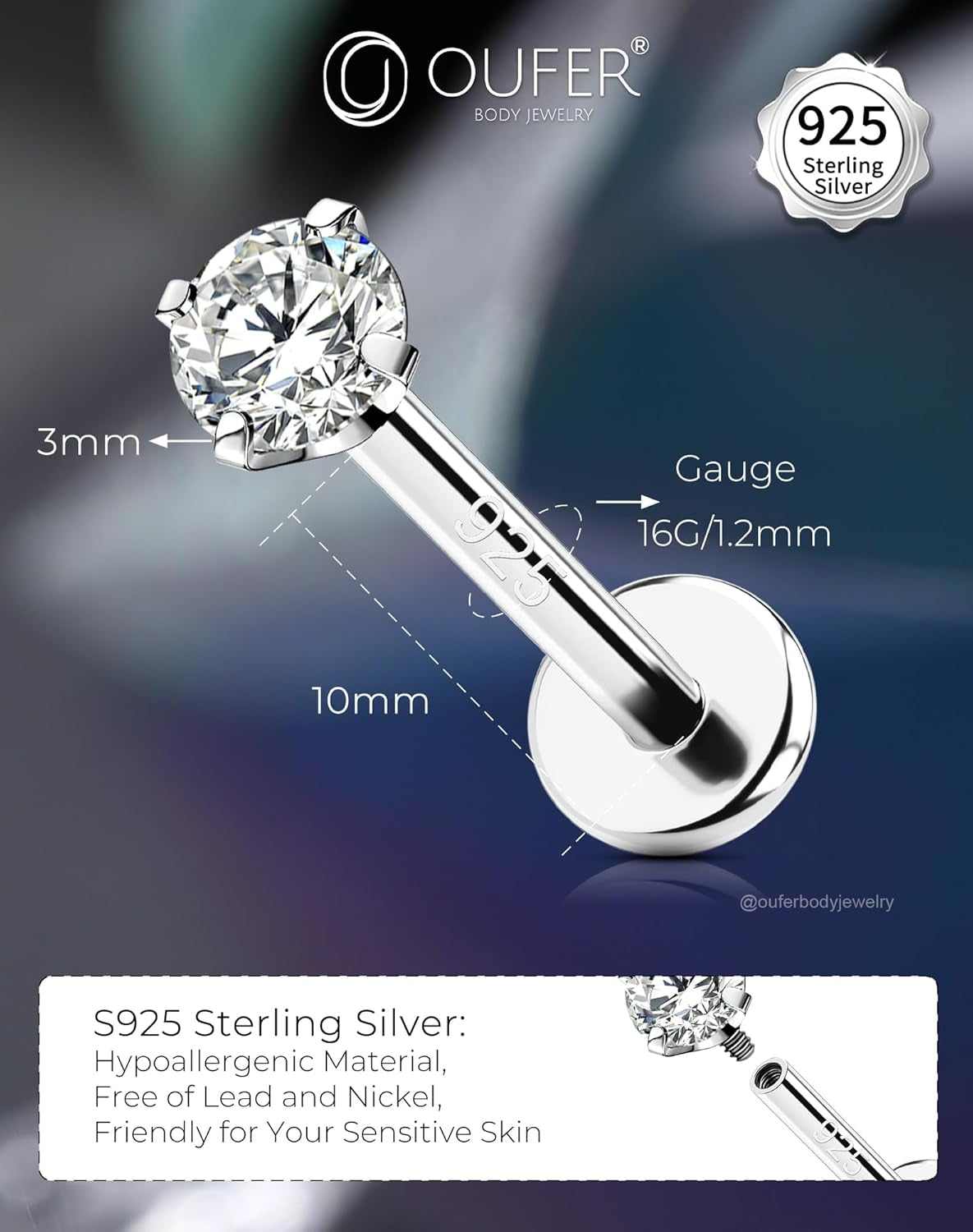 OUFER 925 Sterling Silver Flat Back Earrings, Clear CZ 16G Helix Piercing Jewelry, Silver Internally Threaded Cartilage Earrings Stud, Silver Lip Labret Rings for Women