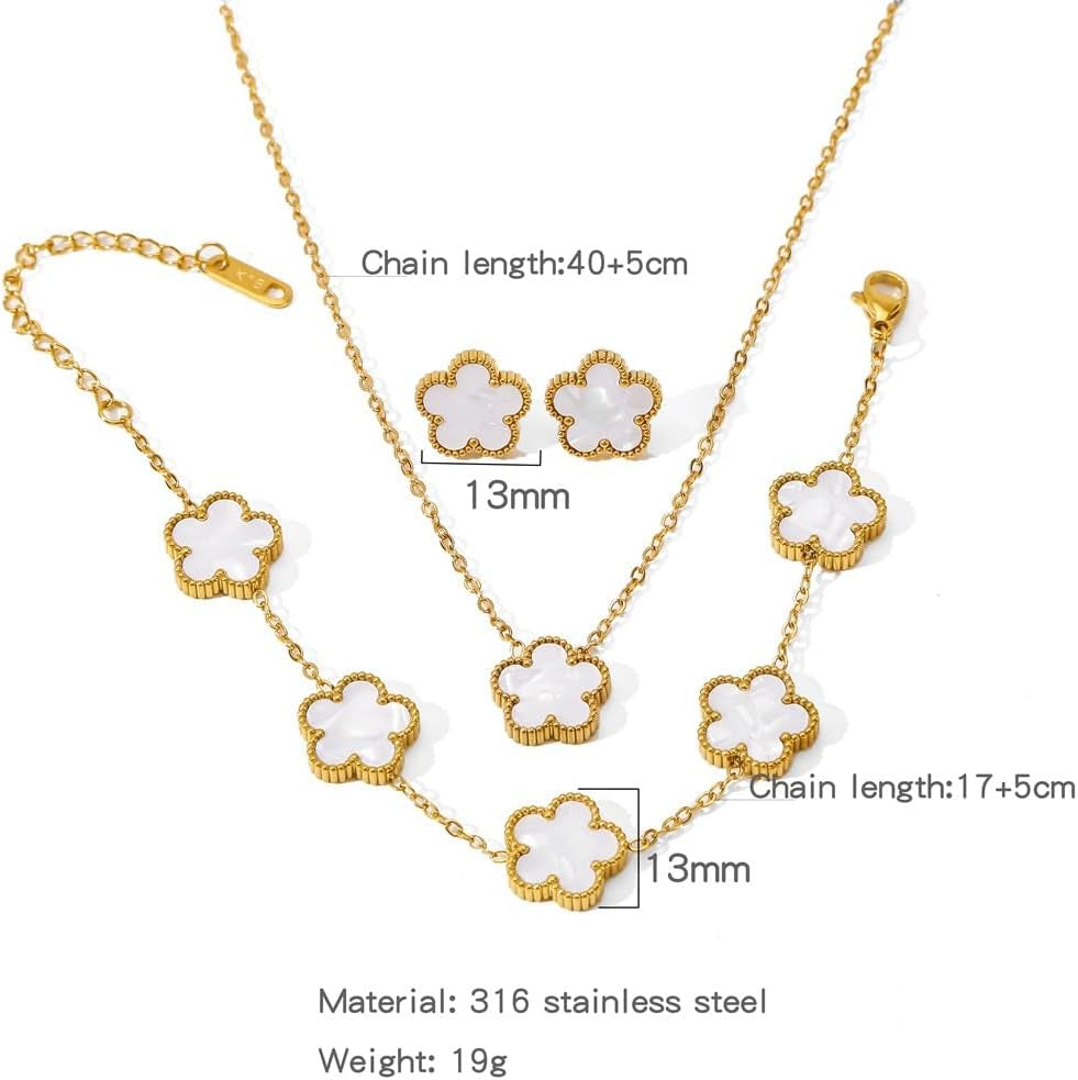 Ladies Clover Lucky Necklace Earrings Bracelet Set 18K Gold-Plated Stainless Steel Flower Reversible Jewelry Set Fashion Women Jewelry