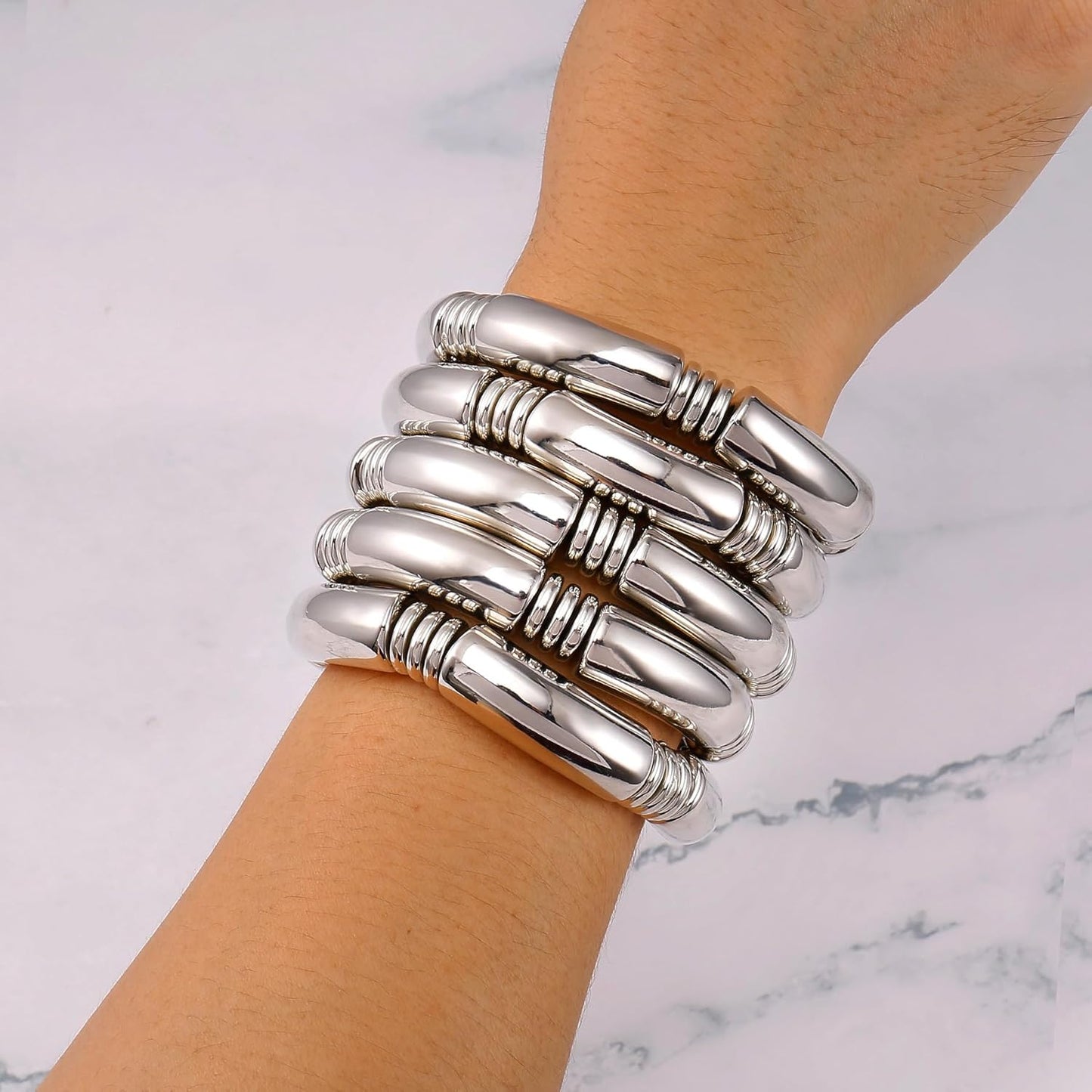 Gold plated curved bamboo tube stretch bangle bracelet