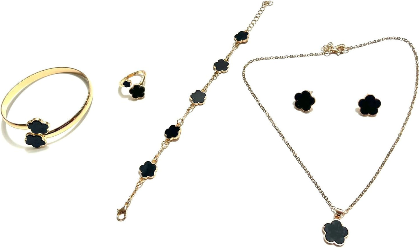 6Pcs/Set Fashion Lucky Clover Design Necklace, Earrings, Bracelet and Ring Jewelry Set, Unisex Jewelry Gift