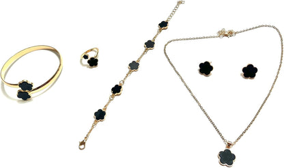 6Pcs/Set Fashion Lucky Clover Design Necklace, Earrings, Bracelet and Ring Jewelry Set, Unisex Jewelry Gift