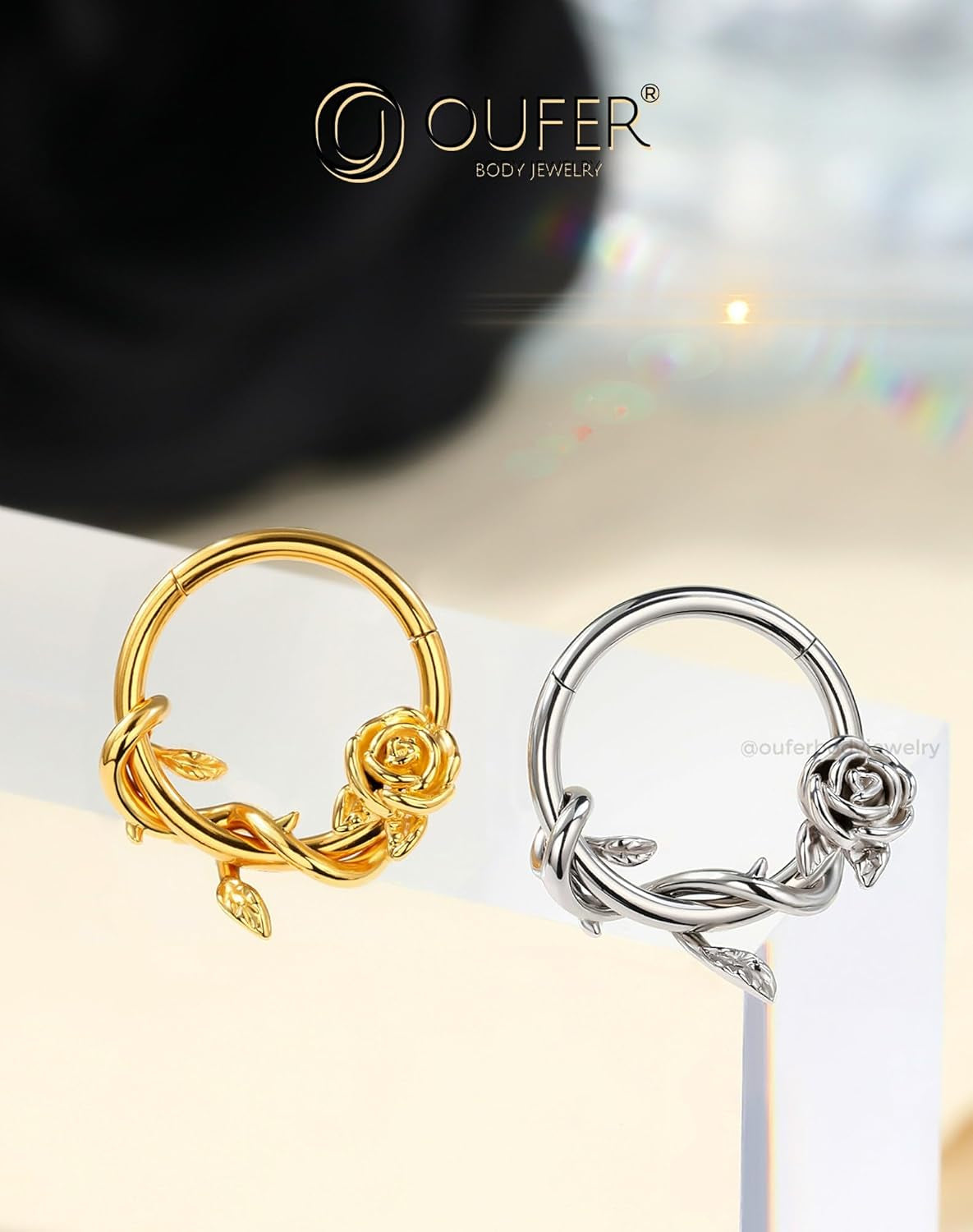OUFER Flower 16G Gold Septum Rings, 316L Surgical Steel Septum Jewelry, Hinged Clicker Daith Piercing Jewelry, Daith Cartilage Helix Tragus Earring Hoop for Women