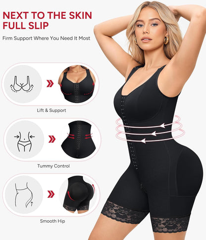 Front view of postpartum tummy control body shaper with zipper crotch