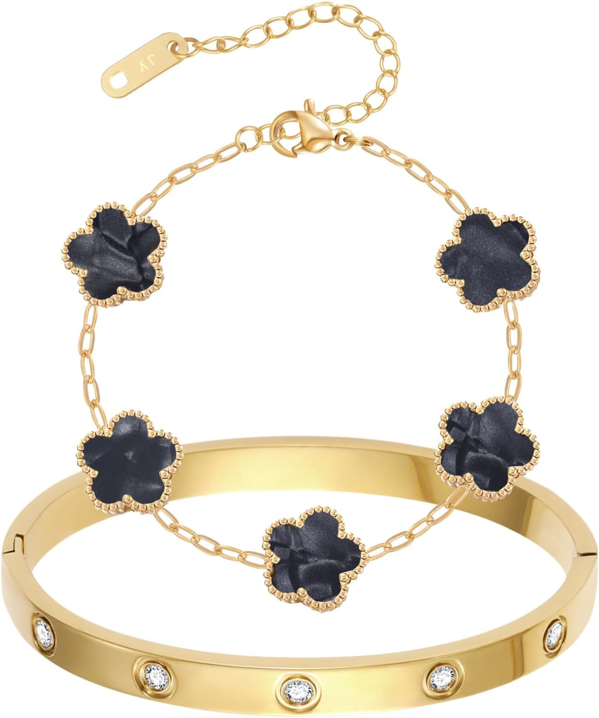 2Pcs Clover Bracelet Set for Women 18K Gold Plated Four Leaf Clover Bracelet Love Bangle Bracelet Stack Lucky Bracelets Gold Link Bracelets Trendy Jewelry Gift for Women Birthday Christmas