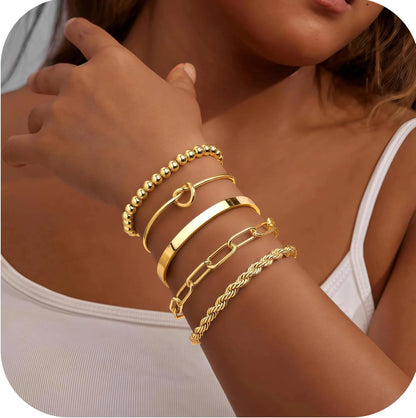 5-Piece Gold Bracelet Stack Set for Women, Metallic Luster Fashion Jewelry Collection with Hand Chain, Stackable Bangles, Love Bracelet - Women'S Gold Jewelry Set