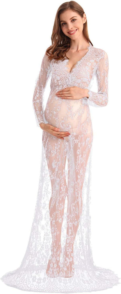 MYRISAM Boudoir Maternity Long Sleeve Lace Dress Women Deep V-Neck Wedding Party Long Dress Milk Bath Photoshoot Gown