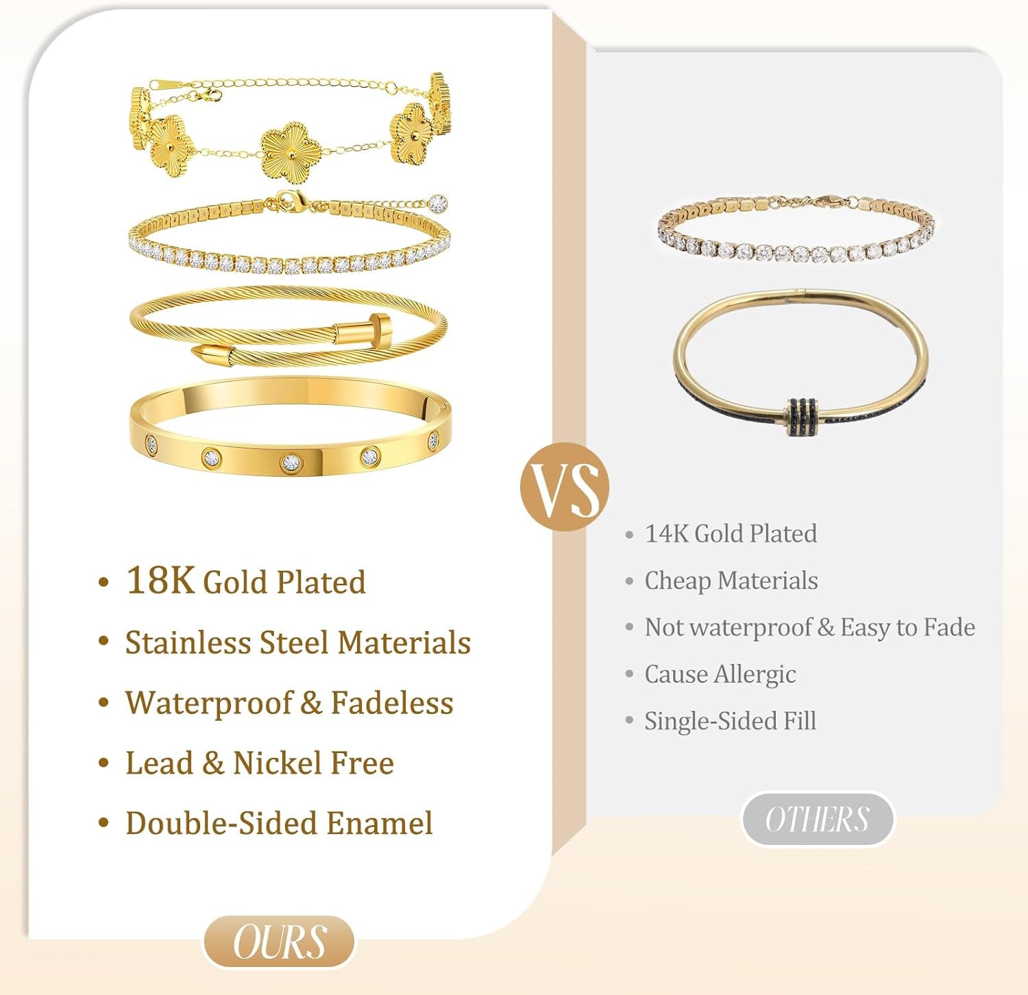 Gold Bracelets for Women, 18K Gold Plated Tennis Nail Clover Love Bangle Bracelets Set Non Tarnish, Stainless Steel Trendy Stackable Bracelet Fashion Jewelry Accessories Gifts for Christmas