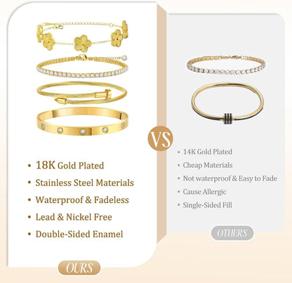 Gold Bracelets for Women, 18K Gold Plated Tennis Nail Clover Love Bangle Bracelets Set Non Tarnish, Stainless Steel Trendy Stackable Bracelet Fashion Jewelry Accessories Gifts for Christmas