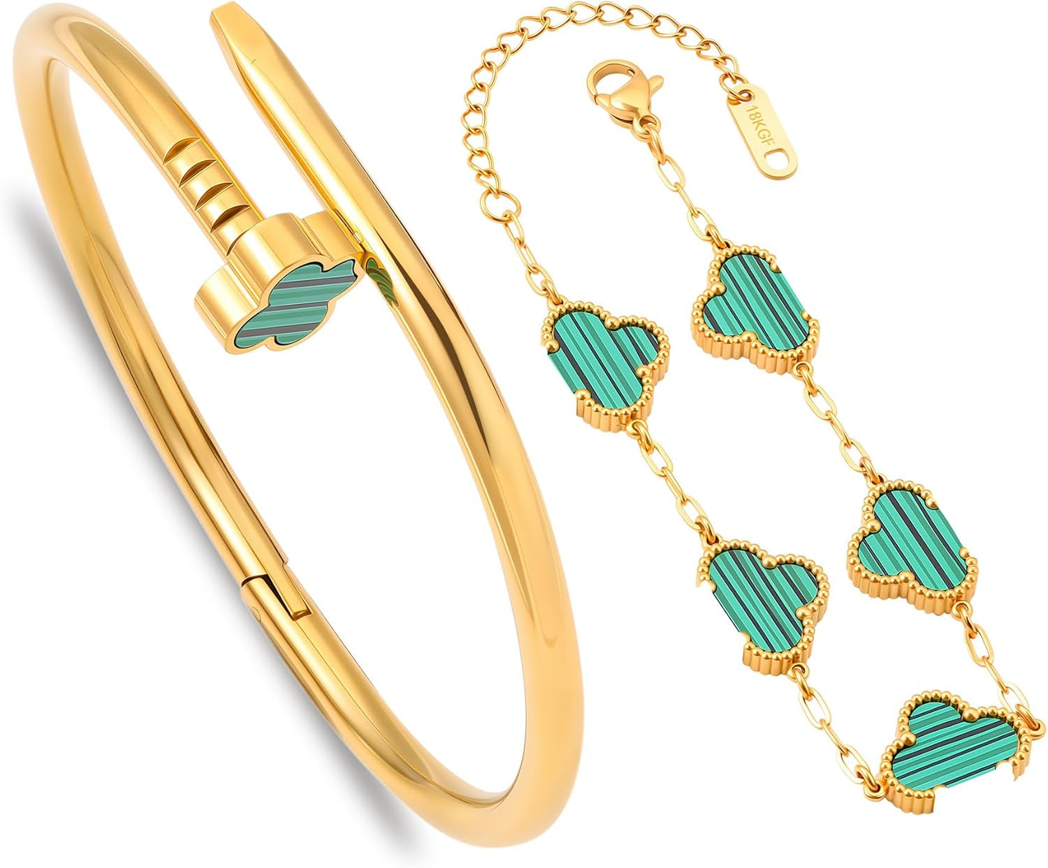18K Gold Nail Bracelet for Women,Stackable Clover Bangle Bracelets -Stainless Steel Non-Tarnish Trendy Jewelry Christmas Valentines Birthday Gifts for Girlfriend Wife.