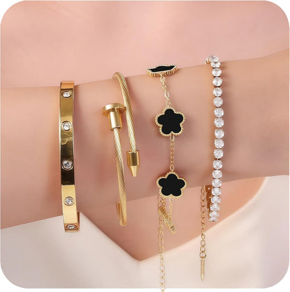 Real 18K Gold Plated Bracelets for Women (Sturdier Version) Stackable Bangle Bracelets for Women (Better Tarnish & Water Resistance) 4PCS Gold Bracelet Stack Set (Fits Wrists Upto 6.7 Inch)