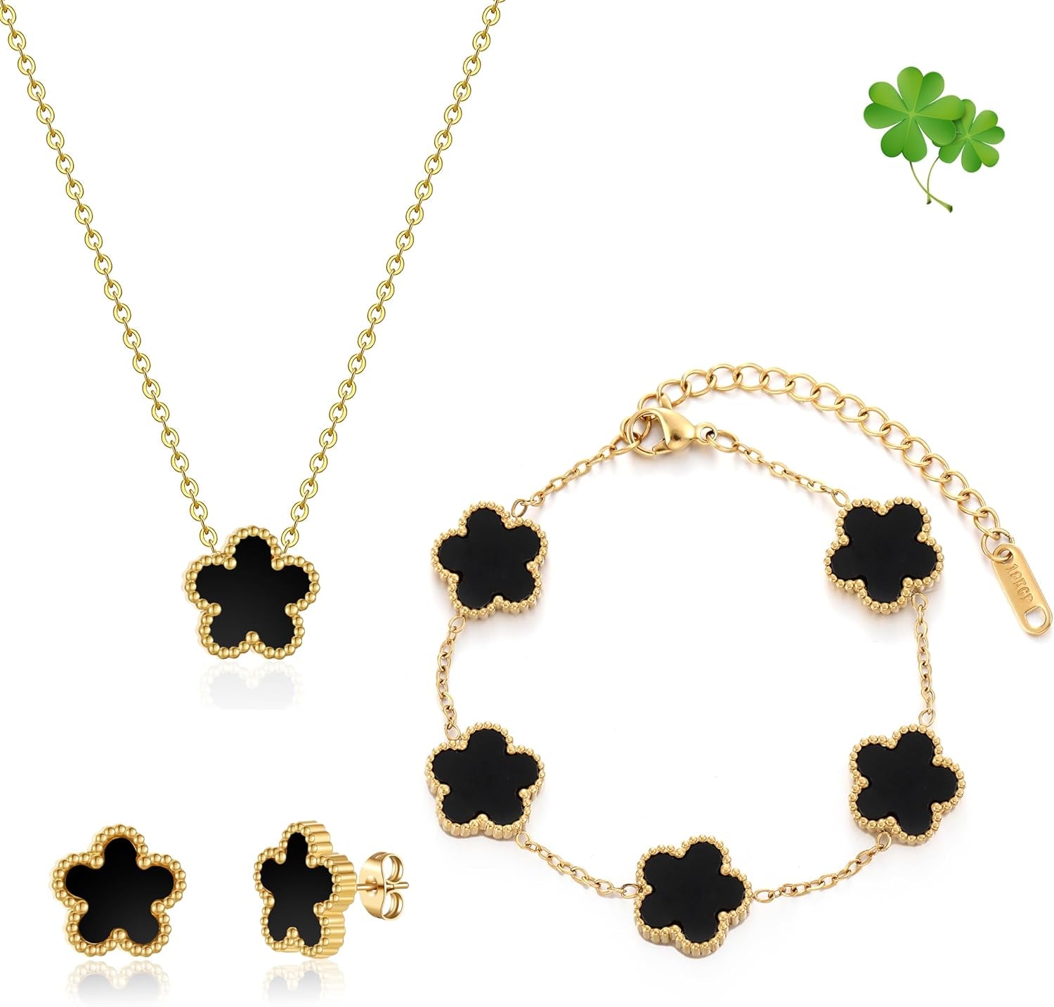 Four Leaf Clover Bracelet Set for Women - 18K Gold Plated Flower Lucky 4 Leaf Necklace Bracelet Earrings Jewelry Sets Gift for Women