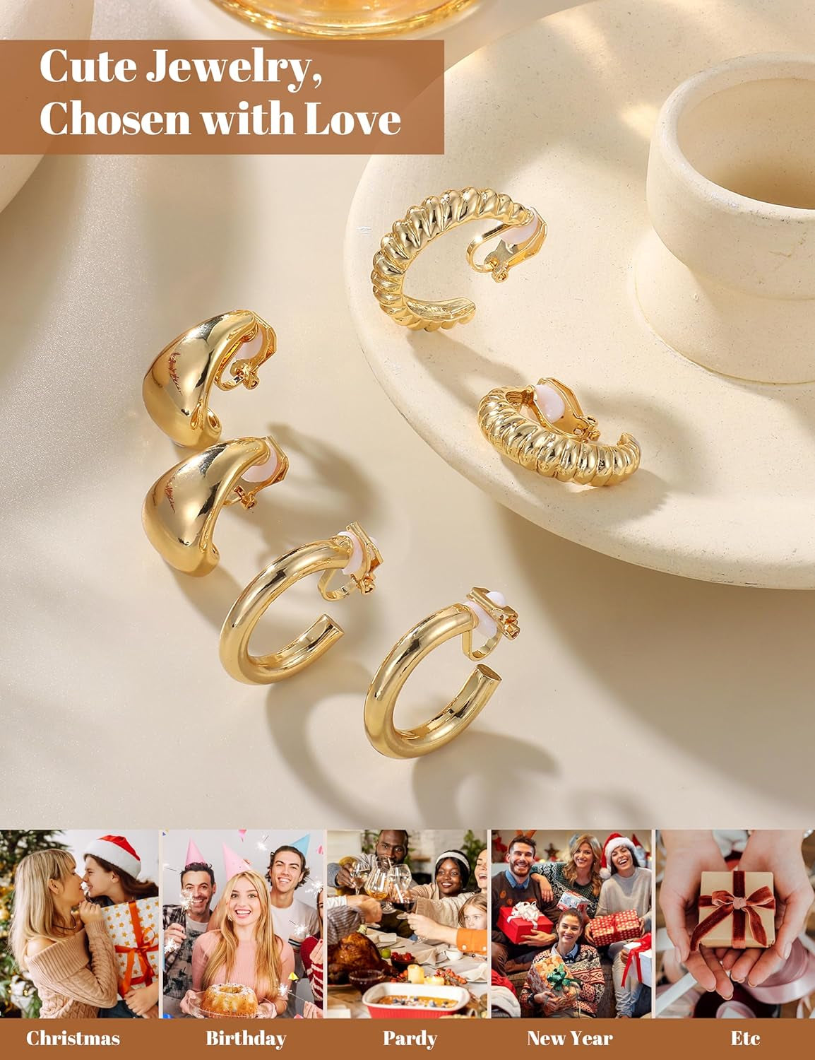 BESTEEL 3Pairs Clip on Earrings for Women Trendy Hypoallergenic 14K Gold Plated Chunky Tube Croissant Waterdrop Clip-On Hoop Earrings Set Fake Jewelry Non Pierced Ears