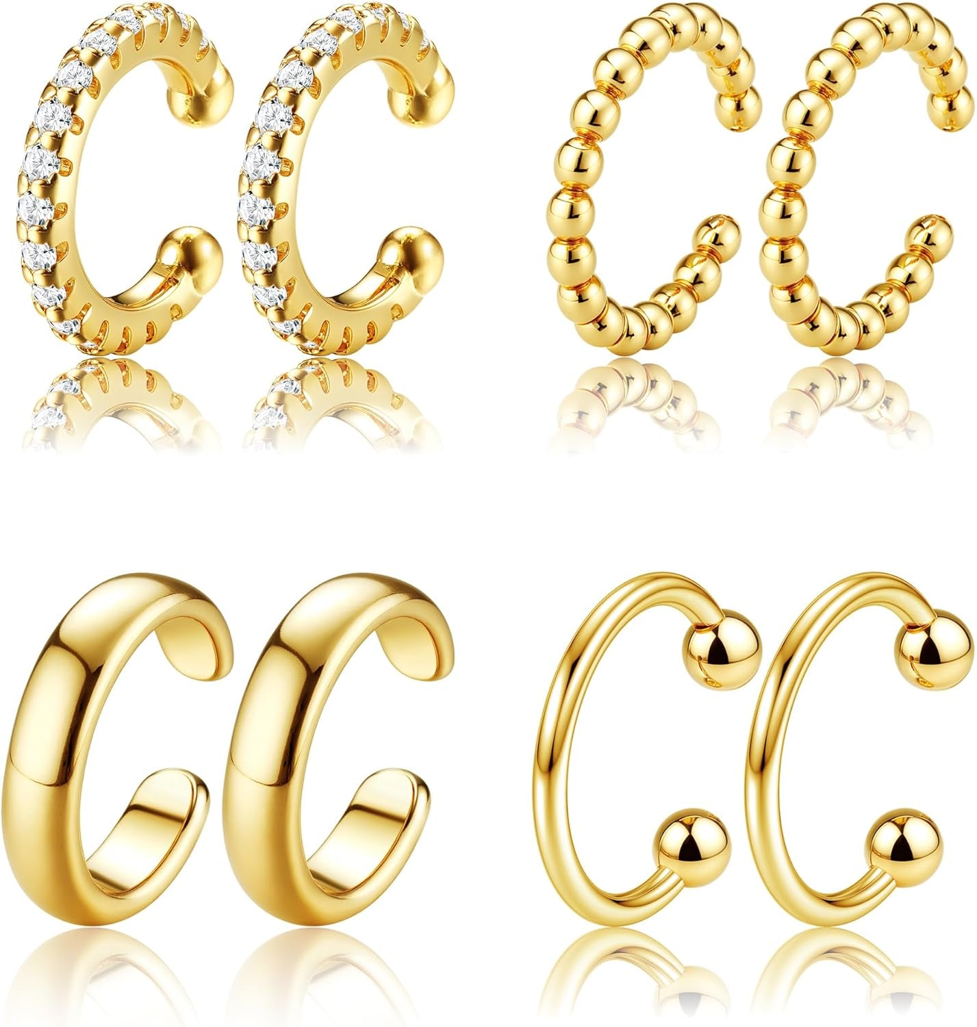 𝟒𝐏𝐚𝐢𝐫𝐬 14K Gold Plated Ear Cuff Earrings for Women Non Piercing - Hypoallergenic Ear Cuffs 14K Silver/Gold Plated Non Tarnish Clip on Cartilage Earrings Fake Earring Set Trendy Jewelry