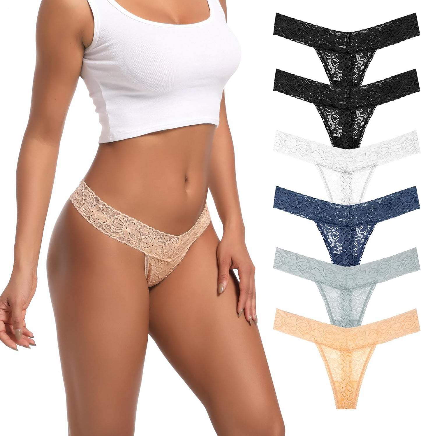 Pack 6 Seamless Lace Thongs for Women plus Size Breathable Panties Low Rise T-Back Stretch Cotton No Show Underwear