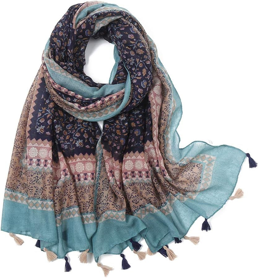 Yeieeo Boho Scarf for Women Lightweight Floral Printed Scarf Fall Winter Fashion Fringed Shawl