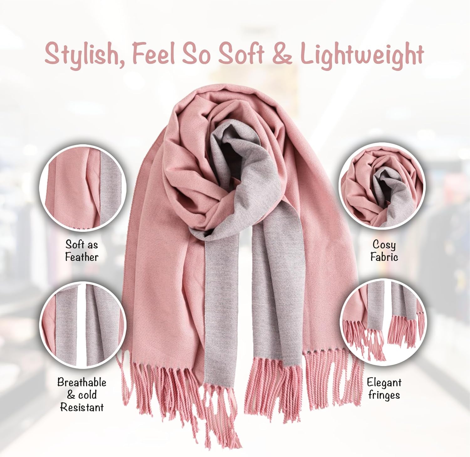 Winter Scarf for Women-Reversible Scarf with Cashmere-Like Softness 70X200Cm - Warm Shawl Wrap -Pashmina Shawls Wrap