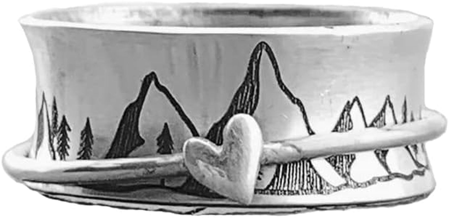 Mountain Love Heart Spinning Ring Keep Climbing Statement anti Anxiety Fidget Rotate Freely Inspirations Stress Relief Finger Band Rings for Women Men Birthday Christmas Personalized Jewelry Gifts