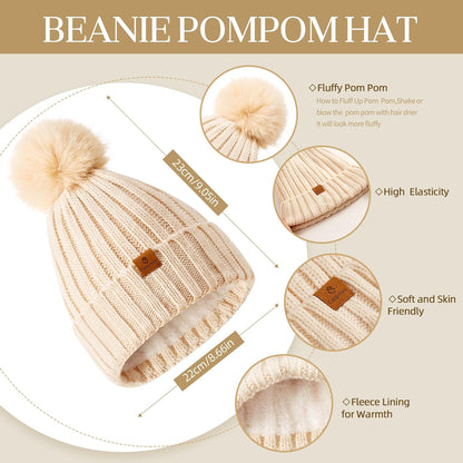 Coolprince Womens Long Scarf Gloves and Hat Set Cold Weather Hat Scarf Glove Set for Women Winter Beanie Hats with Pom Pom